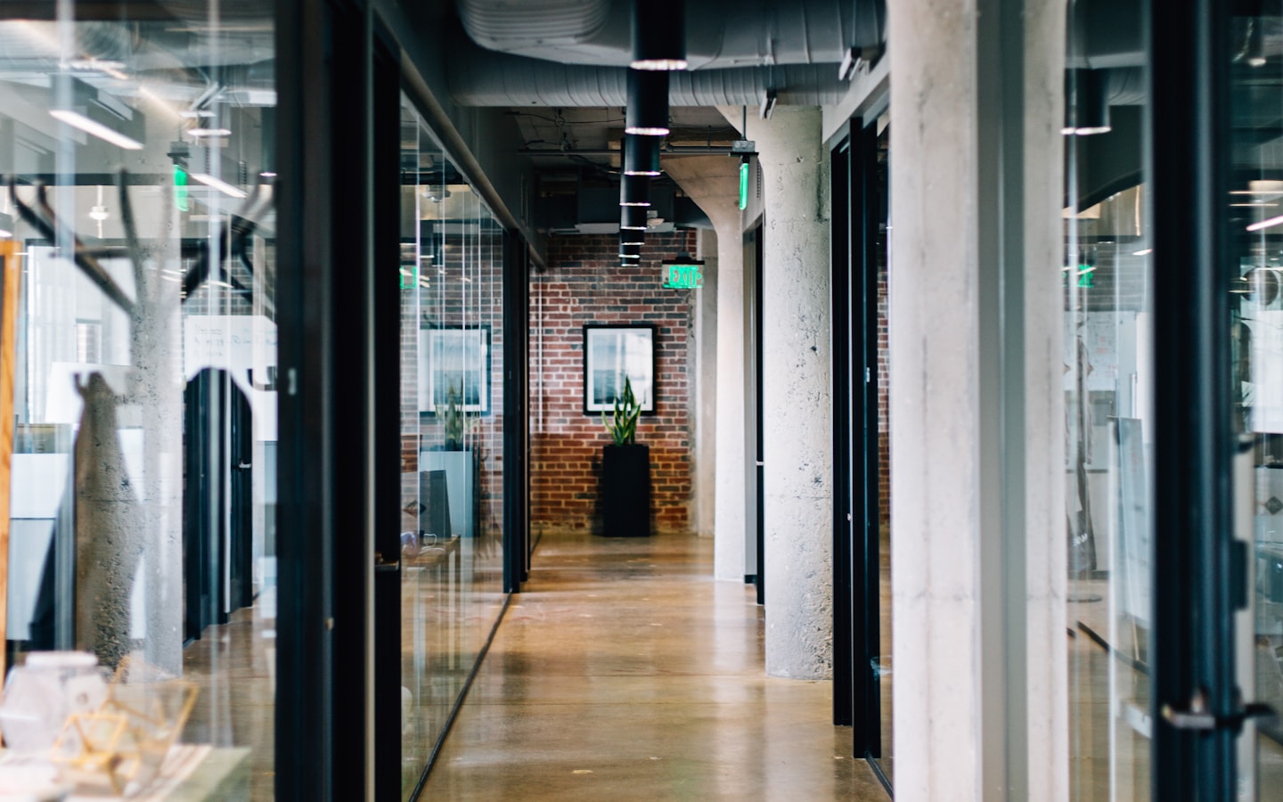 A corporate office corridor with glass-walled meeting rooms lit by daylight